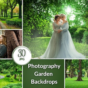 May include: A set of 30 digital photography backdrops featuring lush green gardens with trees, paths, and foliage. The backdrops are ideal for creating a natural and serene atmosphere in your photos.