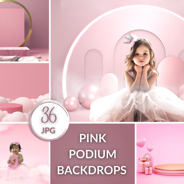 36 toiles de fond Pink Podium, scène pour la photographie, fond décoré rose, toile de fond d’anniversaire classique, photo de fête de bébé, séance photo de rêve