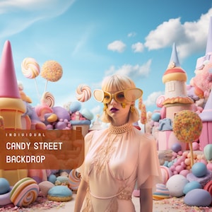 May include: A woman wearing large, yellow sunglasses stands in front of a whimsical candy-themed backdrop. The backdrop features a pink and white castle, candy canes, and colorful lollipops. The text "INDIVIDUAL CANDY STREET BACKDROP" is displayed on a brown rectangle.