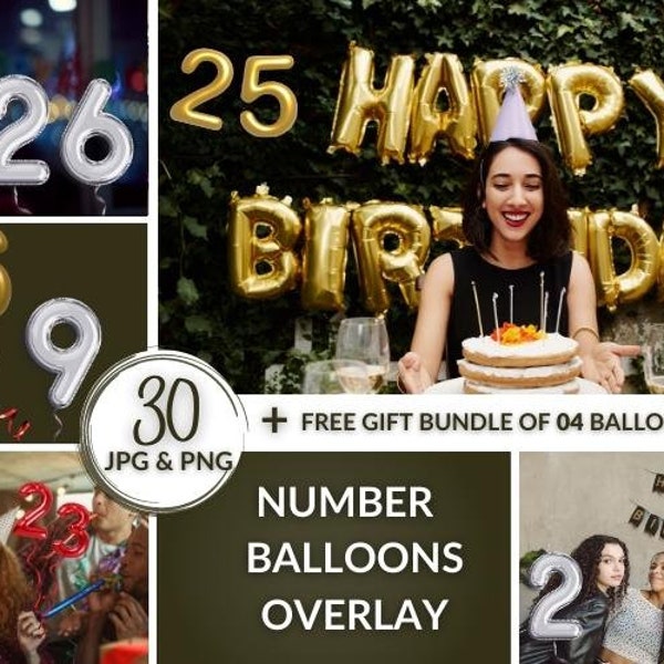 30 Number Balloon Overlays, Gold, Silver, Red Foil Balloon Digital Textures for Photoshop, Holiday Overlays Pack for Photo Editing