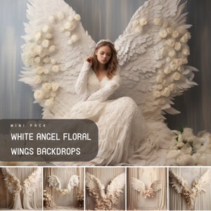 May include: A set of five digital backdrops featuring white angel wings with floral accents. The wings are arranged in a variety of poses, with some wings spread wide and others folded. The backdrops are perfect for photographers looking to create whimsical and ethereal images.