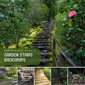 Garden Stairs Backdrops, Digital JPG Photo Backgrounds with Green Grass, Trees, Trails, Summer & Spring Backdrop Pack for Photographers