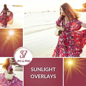 37 Sunlight Photoshop Overlays, Lens Flare Digital Textures for Photo Editing, Natural Sun Rays & Beams Effect, Summer Overlay Pack