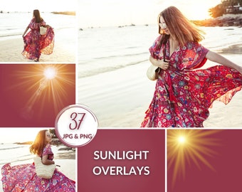 37 Sunlight Photoshop Overlays, Lens Flare Digital Textures for Photo Editing, Natural Sun Rays & Beams Effect, Summer Overlay Pack