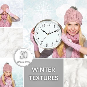 May include: A collage of winter textures featuring a woman wearing a pink hat and gloves, holding a clock with the time set to 12:00. The collage also includes a white fur texture and a blue and white snowflake pattern.