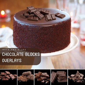 Peut inclure: Un gâteau au chocolat avec un glaçage riche au chocolat noir et des morceaux de chocolat sur le dessus. Le gâteau est sur un support à gâteau blanc. L'image est intitulée "Chocolate Blocks Overlays".