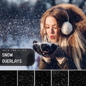 May include: A woman blowing snow, wearing a winter coat with a fur-lined hood, earmuffs, and gloves. The image includes the text "SNOW OVERLAYS" in white letters on a black background, with the file formats PNG and JPG.