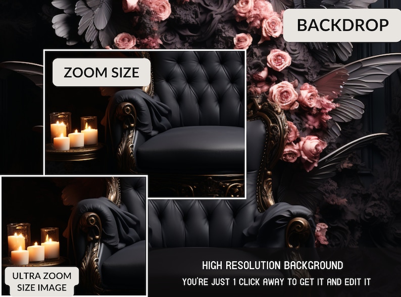 Floral Throne Chair Backdrop, Best for photography, Maternity Backdrop, Wedding Backdrop, Pink Floral Black Wings Throne Chair Backdrop image 2