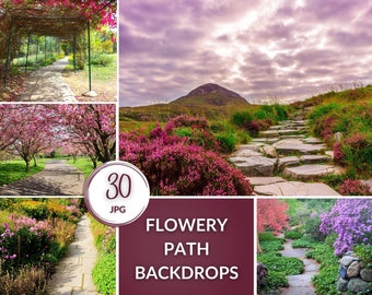 30 Flowery Path Garden Backdrops, Digital JPG Photo Backgrounds with Green Grass, Rocks,Lake,Summer & Spring Backdrop Pack for Photographers