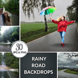 30 Rainy Road Backdrops, Rainy Season, Rain photoshop overlays, photographic effect, love, Rainfall, Rain showers, Realistic rain overlay