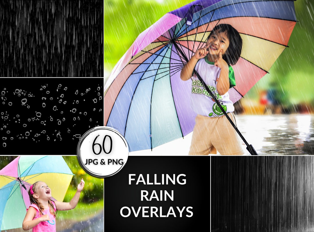 60 Falling Rain Overlays, Drizzle Digital Textures for Photo