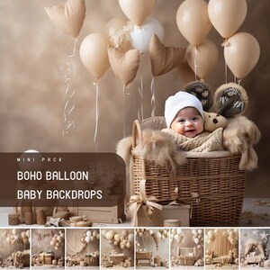 Peut inclure: Un bébé dans un panier en osier entouré de ballons beiges et blancs. Le bébé porte un bonnet en tricot blanc et une couverture en tricot marron. L'arrière-plan est un mur brun clair. L'image est un fond numérique pour la photographie de nouveau-nés.