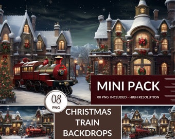 Christmas Train Backdrops - Best Mini Pack of Digital Overlay, Photo Editing Pack, Christmas Snowy Trian, Photography Backdrop