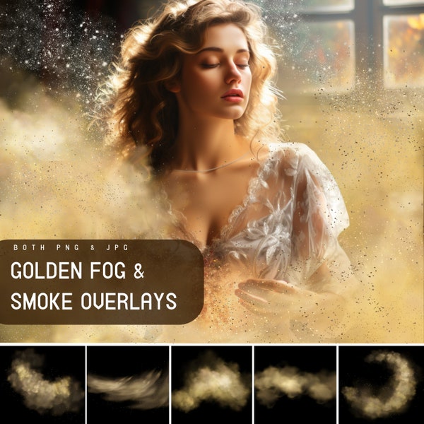 Goldener Nebel und Rauch Overlays, Nebel Texturen für Photoshop, Royal Gold Realistischer Nebel Effekt für die Fotobearbeitung, Sommer Digital Overlay Pack