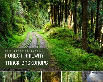 42 Forest Railway Track Digital Backdrops, Photo Backgrounds for Photoshop with Green Grass and Tree, Summer Backdrop Pack for Photo Editing