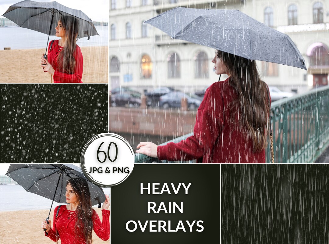 60 Falling Rain Overlays, Drizzle Digital Textures for Photo