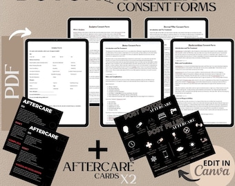 May include: A set of printable consent forms for Botox, fillers, and other cosmetic procedures. The forms are in PDF format and include a medical history form and aftercare cards. The image also includes the text "BOTOX FILLER CONSENT FORMS" and "EDIT IN Canva".