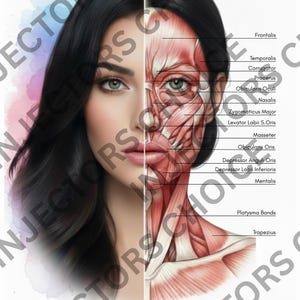 May include: A split-face illustration showing a woman's face on the left and a detailed anatomical view of facial muscles on the right. Labeled muscles include Frontalis, Temporalis, and Zygomaticus Major. The word "PREVIEW" is at the top left, and "FACIAL MUSCLES" is at the bottom.