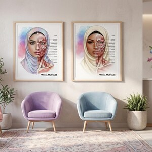 May include: Two framed prints depict the anatomy of facial muscles, each featuring a woman wearing a hijab. The prints are displayed in a waiting room with pastel-colored chairs and a floral arrangement.