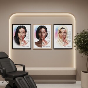 May include: Three framed prints depicting the facial muscles of diverse individuals. Each portrait is split, showing the face on one side and the muscle structure on the other. The text "FACIAL MUSCLES" is at the bottom of each frame. A black massage chair is in the foreground.