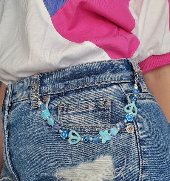 Blue Beaded Charm Chain for Pants Belt Loops 