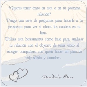 May include: A light blue and white card with text in Spanish, including the phrases "¿Quieres tener éxito en esta o en tu próxima relación?" and "Claudia's Place." Two gray hearts are in the lower left corner.