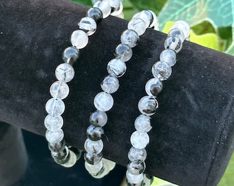 Black Tourmaline and Quartz Bracelet/Black Tourmaline and Quartz 6mm Stretch Bracelet/Crystal Bracelet/Black Tourmaline in Quartz