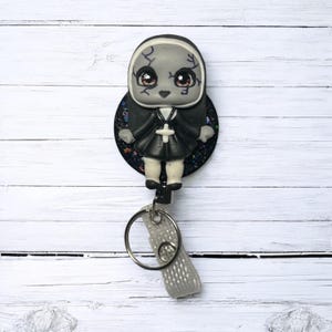 Evil Nun Inspired Retractable ID Badge Reel, Halloween Badge Reel, Horror Badge Reel, Nurse Badge Reel