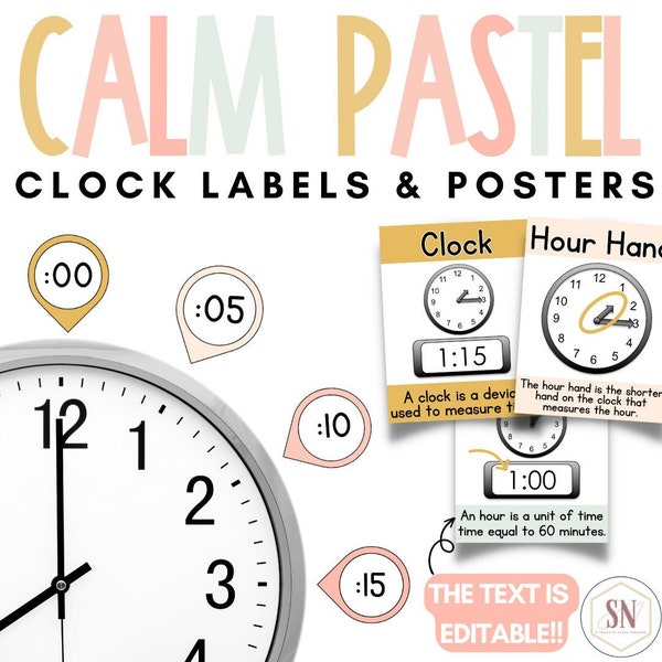 Calm Pastel Classroom Decor | Clock Labels & Posters | Editable | *NEW