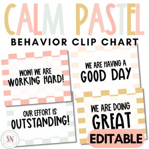 May include: Four printable classroom behaviour clip chart cards with pastel pink, green, and gold checkered backgrounds. The cards feature the text "Wow! We are working hard!", "Our effort is outstanding!", "We are having a good day", and "We are doing great". The text "Editable" is also included on the bottom right corner of the image.