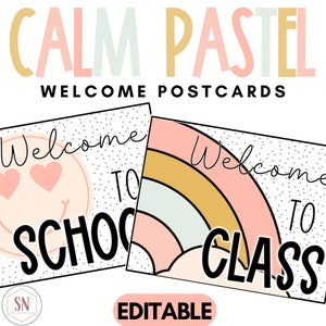 Decoração de sala de aula em tons pastéis | Cartões postais de boas-vindas de volta às aulas | Editável | *NOVO