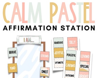 May include: Calm Pastel Affirmation Station printable with a mirror and positive affirmation cards. The cards have a pastel color scheme and include words like "brave", "kind", "worthy", "strong", "sweet", "heard", "generous", "joyful", "optimistic", "silly", "peaceful", "loving", "caring", "special", "outgoing", and "bright". The text "I AM..." is at the top of the mirror. The text "EDITABLE" is at the bottom of the image.
