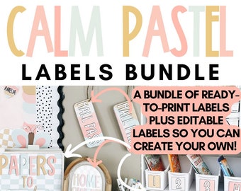 May include: A set of printable classroom labels in a pastel color scheme. The labels feature a variety of designs, including "Hall Pass", "Papers to Grade", and "Home Sweet Classroom".
