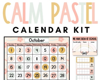 May include: A printable calendar kit with a pastel color scheme. The calendar features a large October calendar grid with peach, green, and yellow circles for each day. The kit also includes a "We Have Been at School" chart with sections for hundreds, tens, and ones. The text "PIECES ALSO FIT MOST POCKET CHARTS!" is at the bottom of the page.