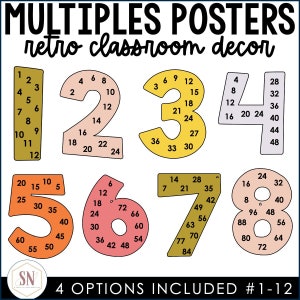 May include: Set of eight colorful posters featuring the numbers 1 through 8 with their multiples listed inside each number. The posters are designed in a retro style with a white background and black outlines. The text "MULTIPLES POSTERS retro classroom decor" is at the top of the image. The text "4 OPTIONS INCLUDED #1-12" is at the bottom of the image.