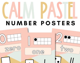 May include: Three pastel pink number posters with a geometric design. The posters feature the numbers 0, 1, and 2 with the corresponding words "zero", "one", and "two". Each poster includes a ten frame with dots to represent the number.