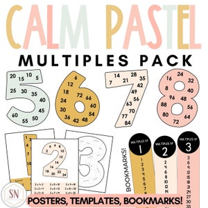 May include: A set of colorful printable posters, templates, and bookmarks featuring the numbers 5, 6, 7, 8, and 3. The numbers are outlined in black and filled with pastel colors. The posters and templates feature multiples of each number. The bookmarks are designed to be cut out and used to mark pages in books. The text "CALM PASTEL MULTIPLES PACK" is at the top of the image.