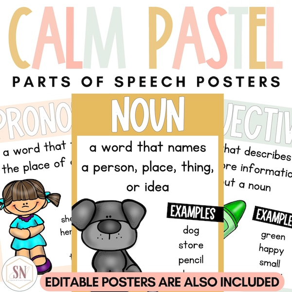 Calm Pastel Classroom Decor | Grammar - Parts of Speech Posters | Editable | *NEW