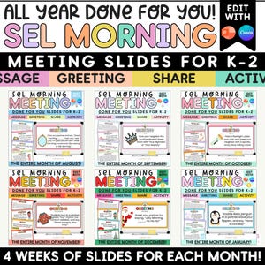 May include: A colorful educational resource titled "SEL Morning Meeting Slides for K-2." The design features slides for each month, with sections for message, greeting, share, and activity. The text includes "All Year Done For You!"