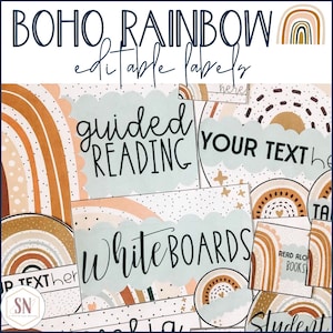 May include: Editable boho rainbow table labels with text that says "guided reading", "whiteboards", "your text here", and "read aloud books".