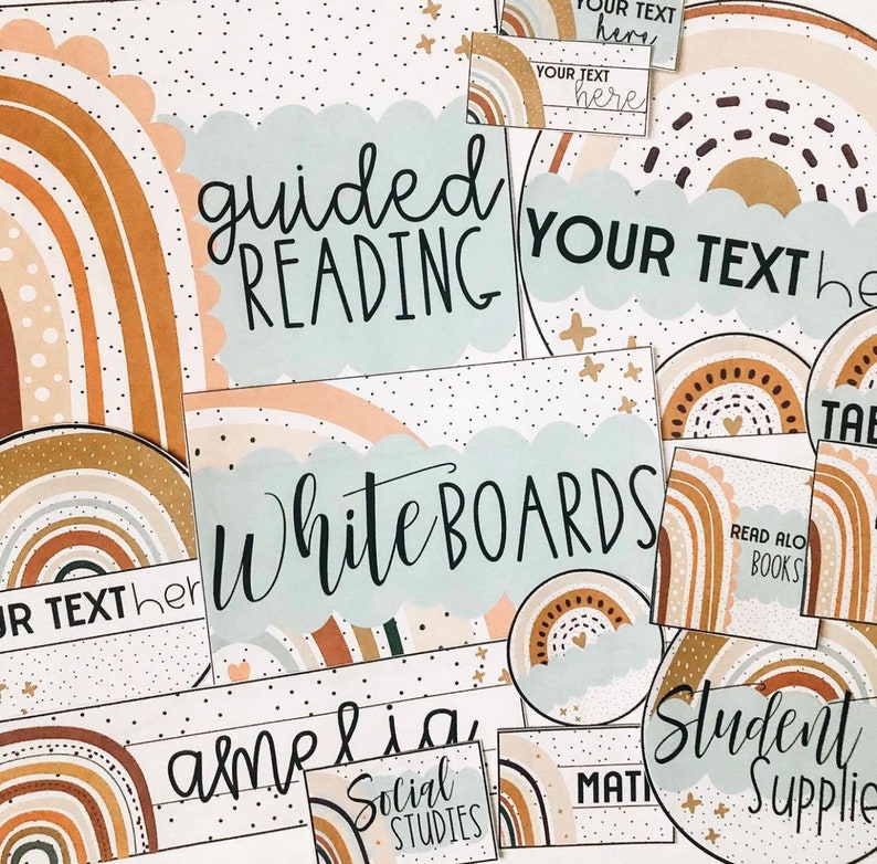 May include: A set of printable classroom decor featuring a boho rainbow theme. The set includes labels for guided reading, whiteboards, student supplies, social studies, math, read aloud books, and a table. The labels are in a light blue and brown color scheme with a white background.