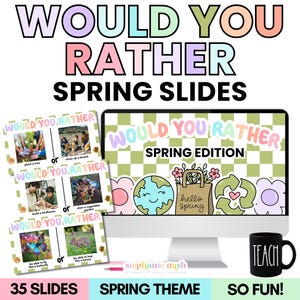 Könnte beinhalten: Ein digitaler Bildschirm zeigt ein "Would You Rather"-Spiel mit Frühlings-Thema. Der Bildschirm zeigt einen grün-weißen karierten Hintergrund mit einer Cartoon-Erde, einer Einkaufstasche mit dem Text "hello spring", einem Recycling-Symbol und einer lila Blume. Der Text "Would You Rather Spring Edition" wird oben auf dem Bildschirm angezeigt. Der Bildschirm befindet sich auf einem Laptop. Unter dem Bildschirm befinden sich drei Karten mit dem Text "Would You Rather" und Bildern von Frühlingsaktivitäten. Der Text "35 Slides Spring Theme So Fun!" wird unter den Karten angezeigt.