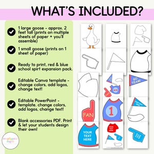 May include: A digital download graphic with the text "WHAT'S INCLUDED?" and various printable elements. Includes a goose, shirts, flags, and fan accessories. The large goose is approximately 2 feet tall. Ready to print in red and blue.