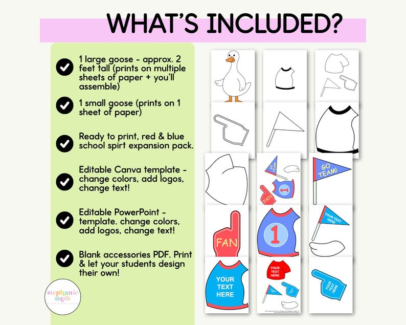 May include: A digital download graphic with the text "WHAT'S INCLUDED?" and various printable elements. Includes a goose, shirts, flags, and fan accessories. The large goose is approximately 2 feet tall. Ready to print in red and blue.