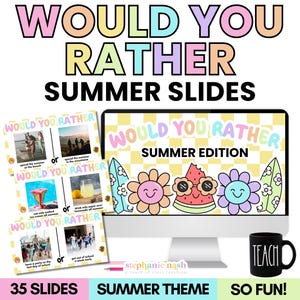 Op de afbeelding: Een digitaal scherm dat een kleurrijk "Would You Rather"-spel met een zomerthema weergeeft. Het scherm toont een geruite achtergrond met een watermeloen, een bloem en een surfboard. De tekst "Would You Rather Summer Edition" wordt op het scherm weergegeven. Het spel is ontworpen voor gebruik in de klas of thuis.