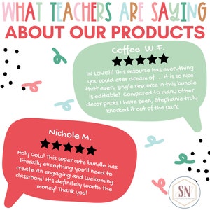 May include: A graphic featuring text that reads "WHAT TEACHERS ARE SAYING ABOUT OUR PRODUCTS." Two speech bubbles contain teacher reviews. One is green with a review from "Coffee W.F." and the other is red with a review from "Nichole M."
