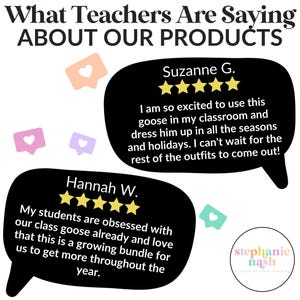 May include: Image with the text "What Teachers Are Saying About Our Products." Two black speech bubbles contain teacher testimonials and star ratings. The image also includes a logo and several heart-shaped icons.