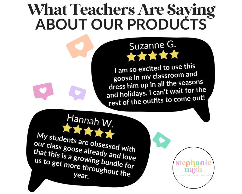 May include: Image with the text "What Teachers Are Saying About Our Products." Two black speech bubbles contain teacher testimonials and star ratings. The image also includes a logo and several heart-shaped icons.