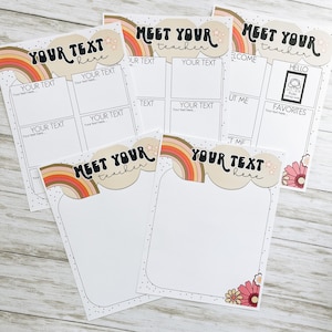 May include: Printable 'Meet Your Teacher' template with a rainbow and star design. The template includes sections for 'Your Text Here', 'Welcome', 'Hello', 'About Me', 'Favorites', and 'Your Text Here'.