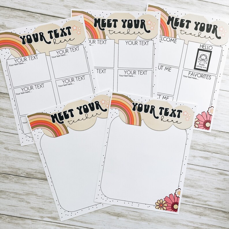 May include: Printable 'Meet Your Teacher' template with a rainbow and star design. The template includes sections for 'Your Text Here', 'Welcome', 'Hello', 'About Me', 'Favorites', and 'Your Text Here'.